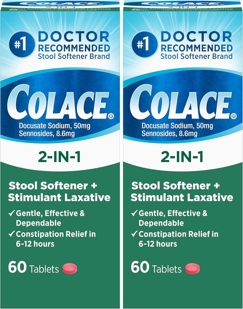 COLACE ملين براز 2 في 1 بالإضافة إلى ملين منبه لتخفيف الإمساك بلطف وفعالية، دocusate Sodium بالإضافة إلى Sennosides، 60 حبة (عبوة من 2) - Image 1
